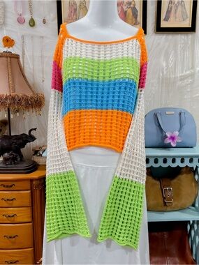 Boho coastal girly fully cotton open knit crochet flare sleeve multicolor top